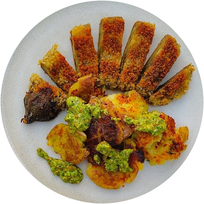 Aubergine Schnitzel, smoked first, then fried crisp in breadcrumbs